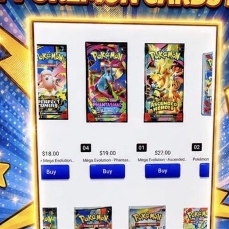 Pokémon booster packs displayed behind the glass with prices and buy buttons